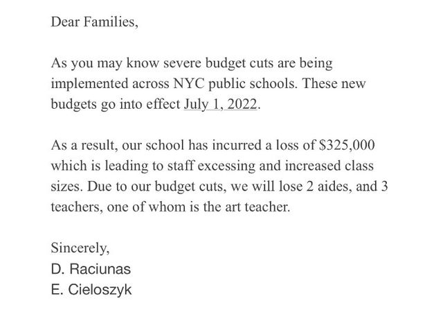 A note to parents from a the principal at PS 110 Brooklyn notifying them of budget cuts and staff reductions